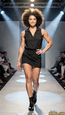 Walking the runway, a smiling woman strides forward in a sleeveless black minidress