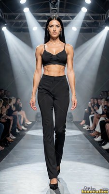 A woman walks a runway in a black bra top and trousers