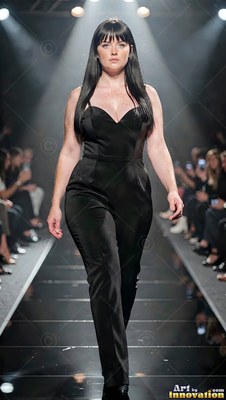 Dressed in a black satin jumpsuit, a dark-haired woman moves down a runway under shining spotlights
