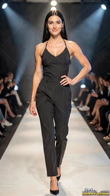 A woman walks the fashion runway wearing a black jumpsuit under soft overhead spotlights