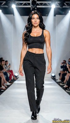 Walking forward on a runway, a woman wears a black crop top and pants