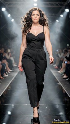 A woman strides down a runway wearing a black jumpsuit under bright lights