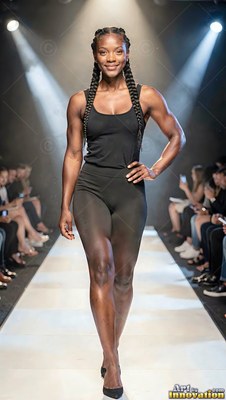 On a bright runway, a smiling woman walks in black leggings and a tank top
