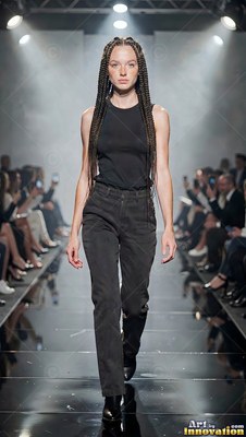 Walking forward on a bright runway, a woman is dressed in all black with long braids