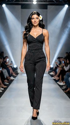 A woman walks forward on a runway wearing a black jumpsuit under bright white spotlights