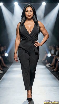On a lighted runway, a woman walks in a black sleeveless jumpsuit
