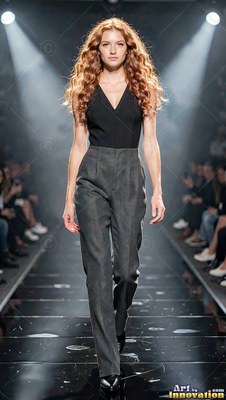 Woman walking a runway in black top and gray pants