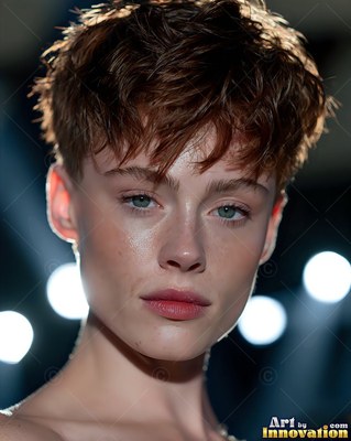 A close-up of a woman with short brown hair looking forward under soft lights