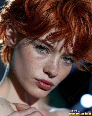 Under dim stage light, a green-eyed woman with short red hair tilts her head