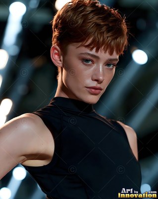 Posing in soft light, a short-haired woman wears a sleeveless black top