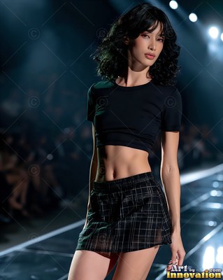 Woman walks runway in black crop top and plaid skirt