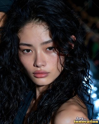 Curly wet black hair frames a young East Asian woman looking forward against a dark blur