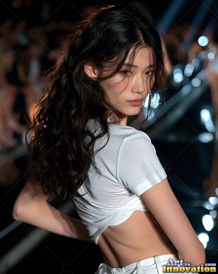 A woman looks back over her shoulder in a cropped white top under soft runway light