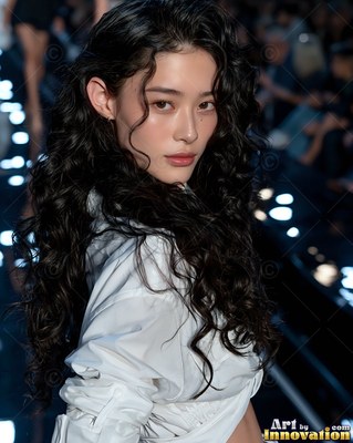 Looking over her shoulder on the runway, a woman is wearing a white top with curly hair