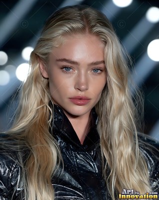 On a runway, a blonde woman in a shiny black jacket looks straight ahead