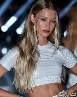 A blonde woman in a white crop top on a fashion runway