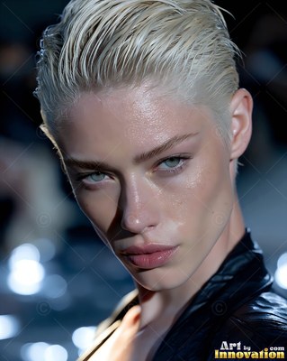 Slicked-back platinum blonde hair frames a woman's face on a runway with blurred lights