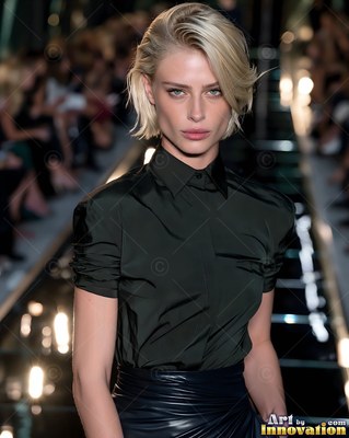 Facing forward on the runway, a blond woman wears a dark green shirt