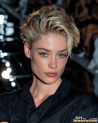A woman with blonde hair with short hair walks the runway in a black shirt