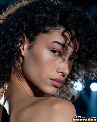 In a dark studio, a woman with curly black hair looks over her shoulder