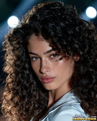 Woman with curly dark hair looking at the camera under stage lights