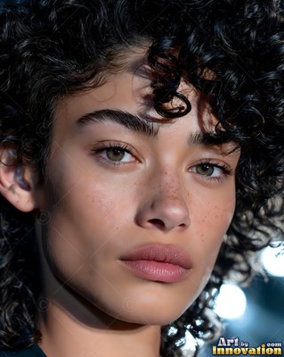 Curly black hair frames the freckled face of a woman standing backstage under studio lights