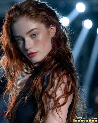 A woman with wavy red hair looks forward against blurred white stage lights