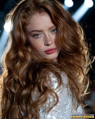 Close-up of a red-haired woman on a runway under bright stage lights