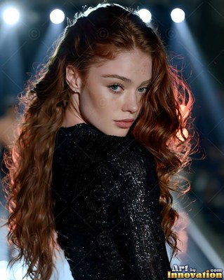 On a runway under bright stage lights, a red-haired woman is wearing a black sparkly dress