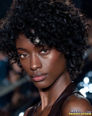 Looking forward, a dark-skinned woman with short curly black hair pauses on the runway