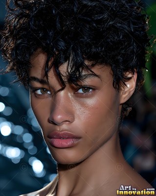 A woman with short curly black hair looks at the camera