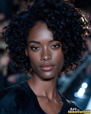 Short curly dark hair frames the face of a Black woman under dim runway lights