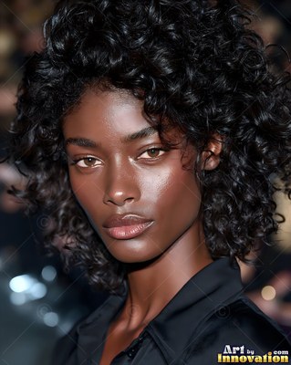 A Black woman with curly hair looks forward with soft highlights on her dark skin