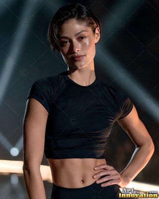 A woman with short dark hair poses with her hand on her hip in a black crop top