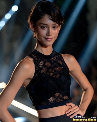On a dimly lit runway, a woman with short hair poses in a black lace crop top