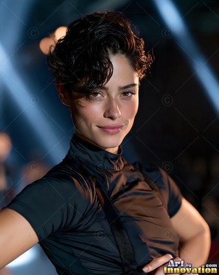 Smiling faintly, a woman with short dark hair poses in a black high-necked top