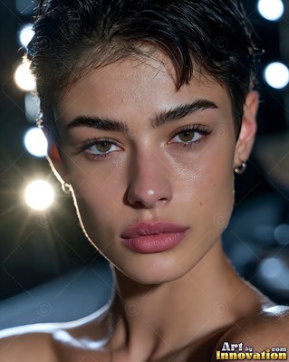 Woman with short dark hair in front of blurred background lights