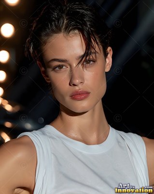 Short wet hair frames a woman in a white tank top near bright stage lights