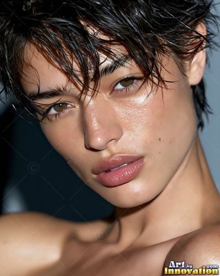 A woman looks forward with wet short hair under a bright white spotlight