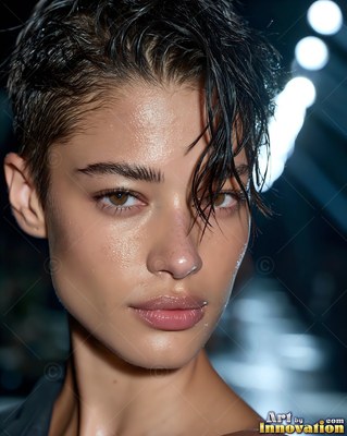 Close-up of a woman with short wet hair on a dark runway with white lights