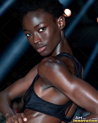 A woman in a black top looks over her shoulder under blue runway lights