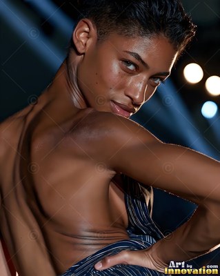 Under dim stage lights, a woman with short hair looks over her bare shoulder