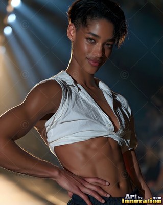Posing under runway lights, a muscular woman is dressed in a cropped white top