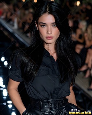 Long dark hair frames a woman in a black shirt as she walks the fashion runway