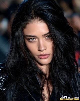 A dark-haired woman looks ahead with cool light catching her green eyes