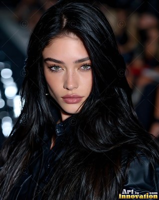Facing forward on the runway, a dark-haired woman looks directly ahead with green eyes