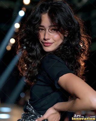 On a dark runway, a smiling woman with curly hair turns in a black top