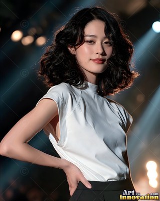 Dark wavy bob on a woman posing in a white top under runway spotlights