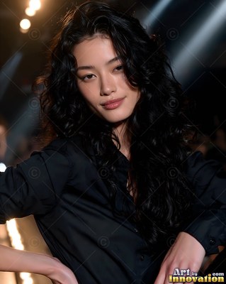 A woman pauses on the catwalk wearing a black collared shirt under warm studio lights