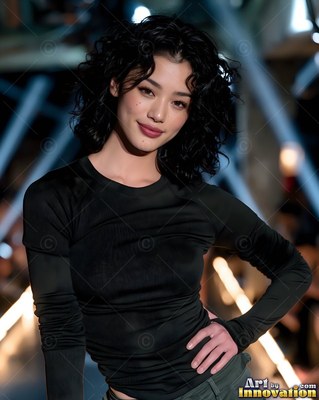 Turned three-quarters on a catwalk, a smiling woman poses in a black top